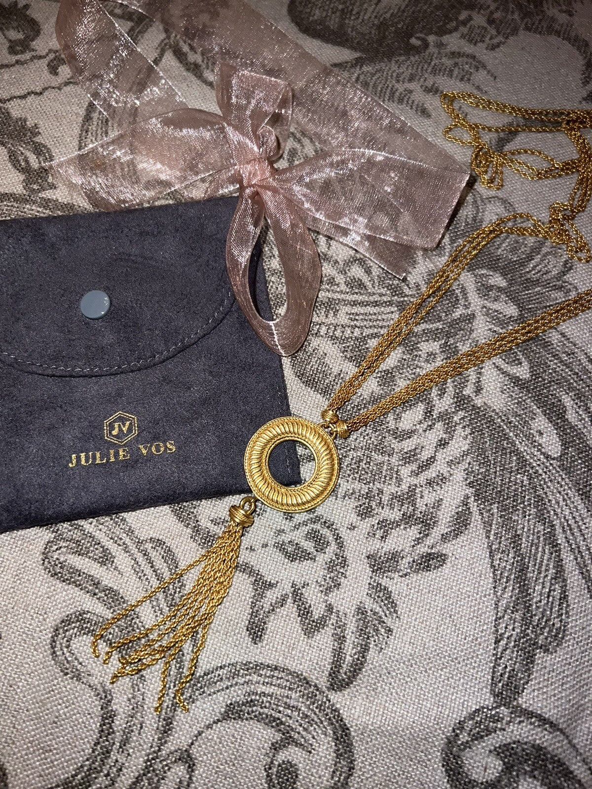 Julie Vos Round Pendant & Tassels On Long Necklace 21” Drop 24k Gold Plated Julie Vos