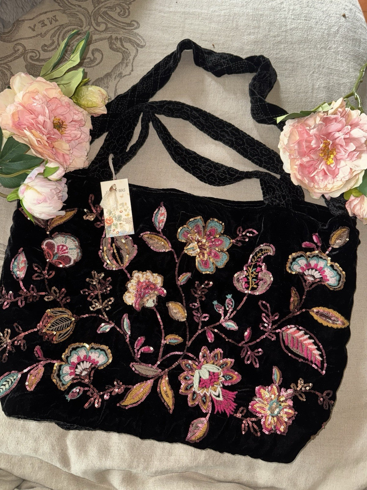 Johnny Was Large Black Velvet & Sequin Hobo Bag Tote Purse Embroidered Crossbody Johnny Was