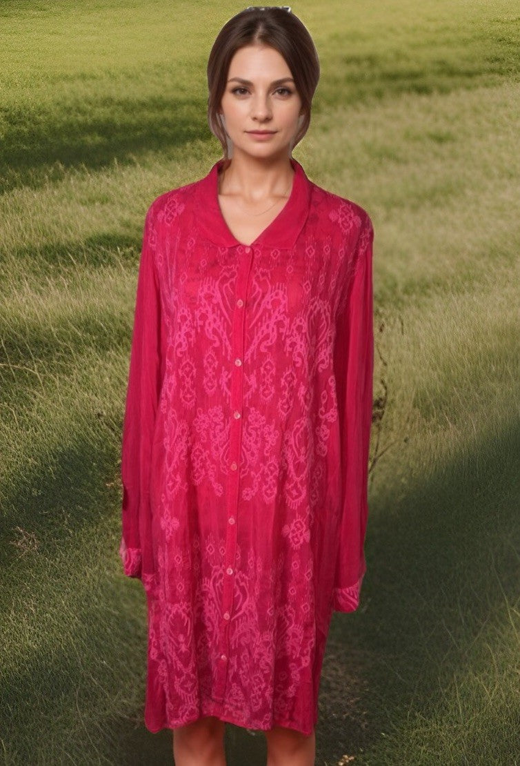 Johnny Was 1X Hot Pink Mini Shift Dress Button Up Shirt Embroidered Tunic Top Johnny Was