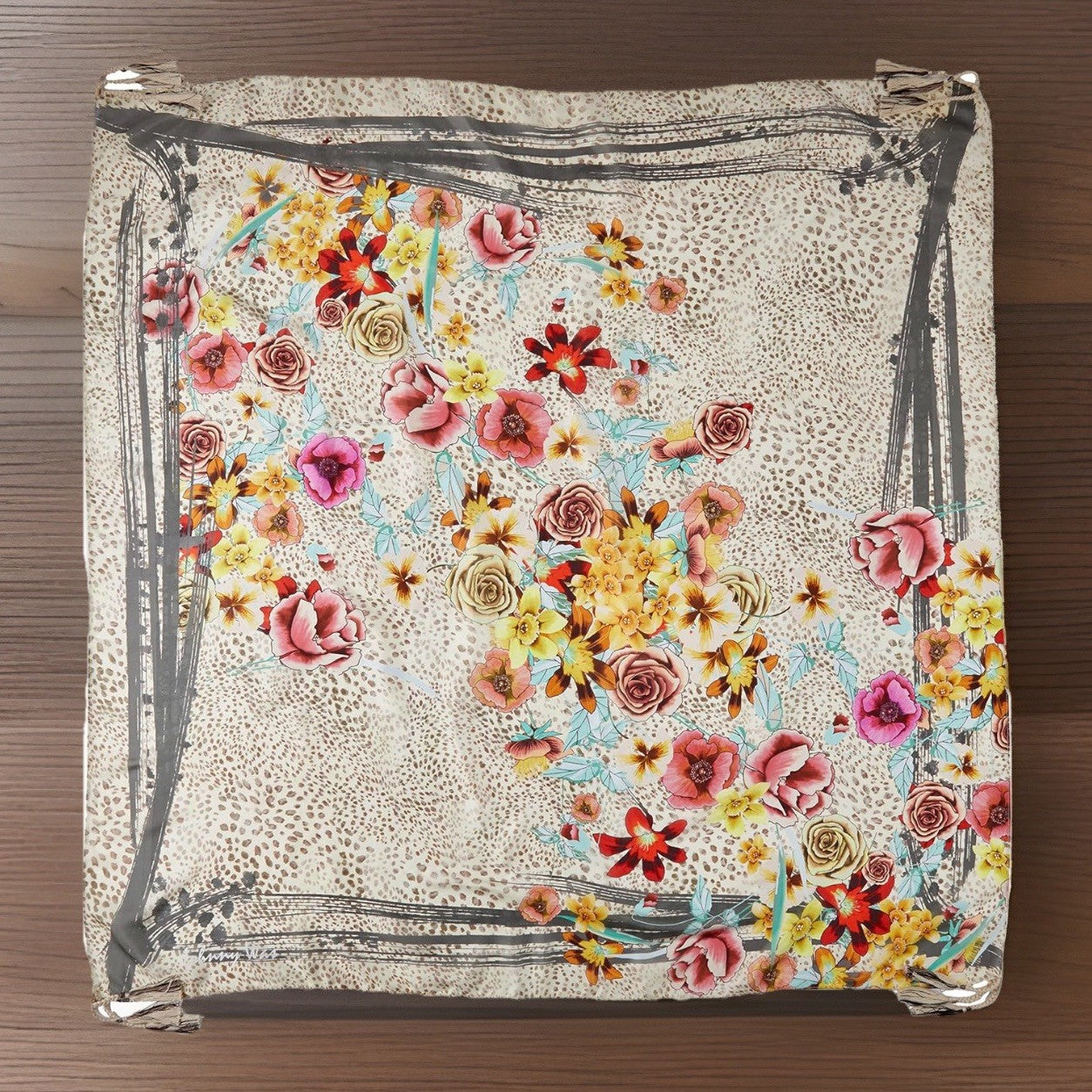 Johnny Was 100% Silk Scarf w/ Tassels Animal Print & Roses Leopard Jungle Rose Johnny Was