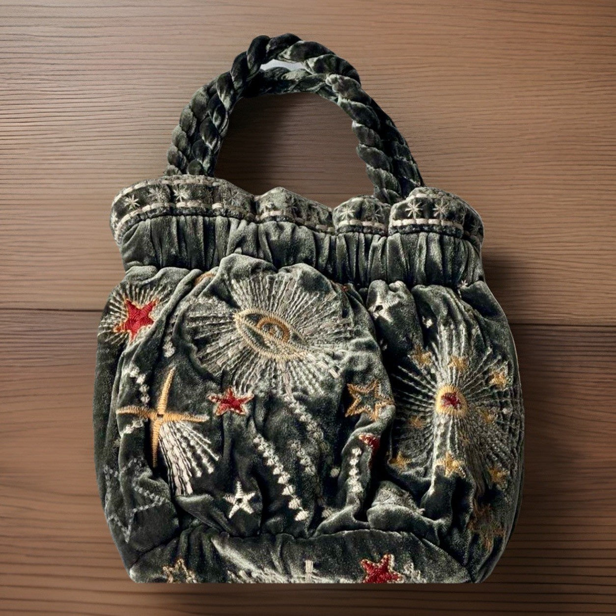 Johnny Was Grey Velvet Hobo Bucket Bag Tote Purse Embroidered Celestial Johnny Was