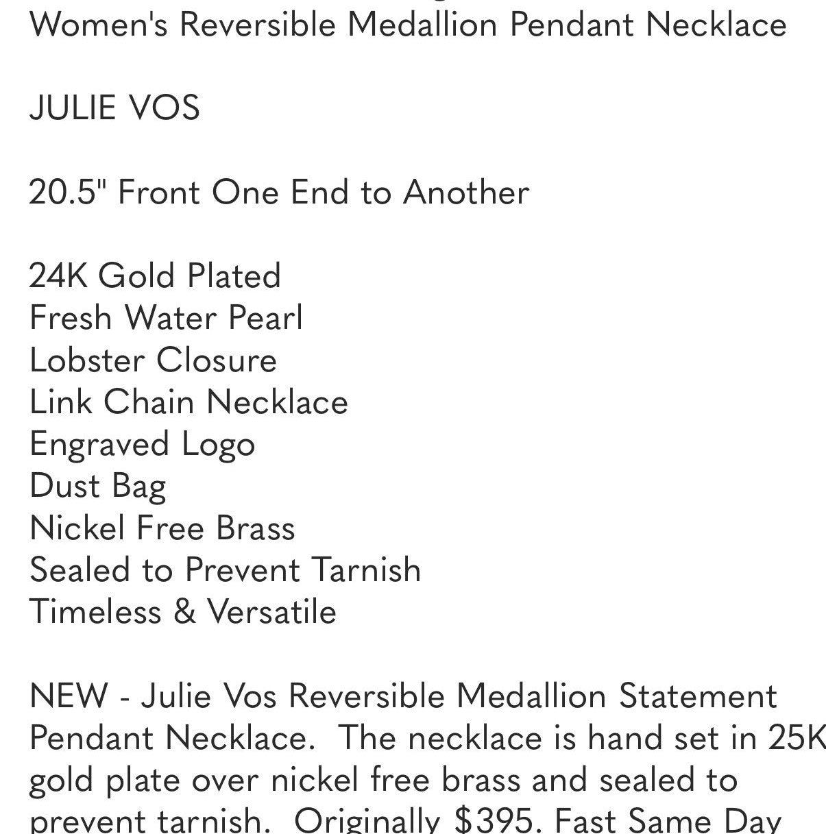 Julie Vos Pearl Statement Necklace Link & 3D Pendant 24k Plated $395 Retail Julie Vos