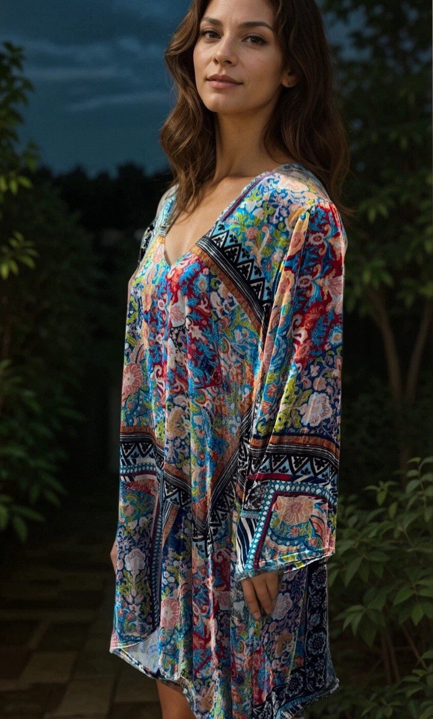 Johnny Was XXL Velvet Mini Shift Dress Tunic Or Top Shirt Jewel Tones BOHO Johnny Was