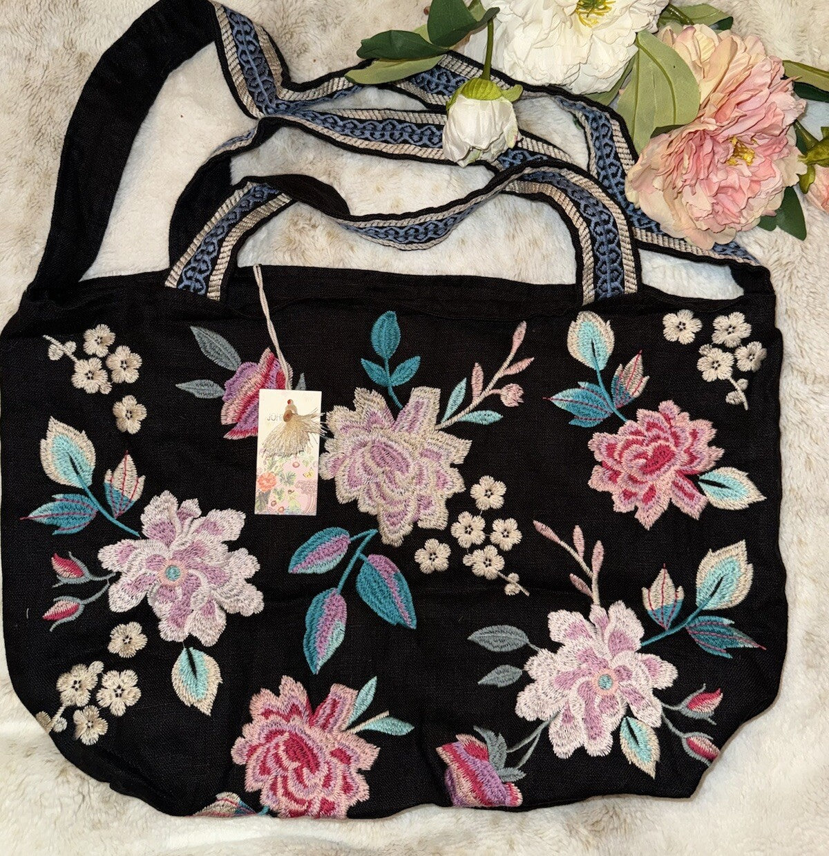 Johnny Was Large Black Embroidered Hobo Bag Tote Purse Crossbody Snakes & Roses Johnny Was