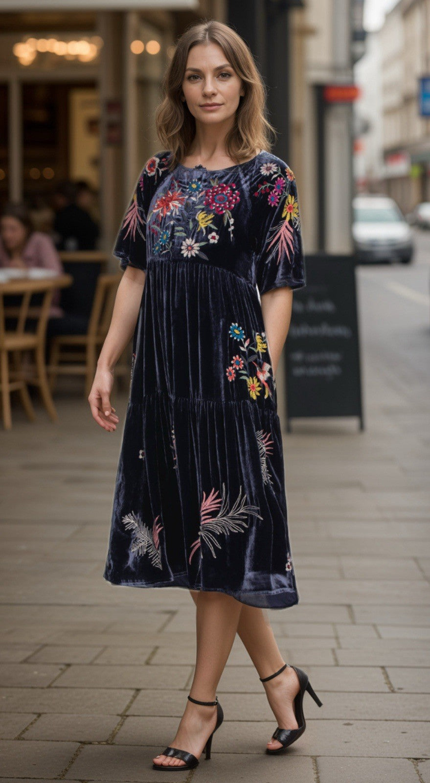 JOHNNY WAS L Dark Midnight Blue Velvet Midi Dress Tiered Embroidered Maxi Johnny Was