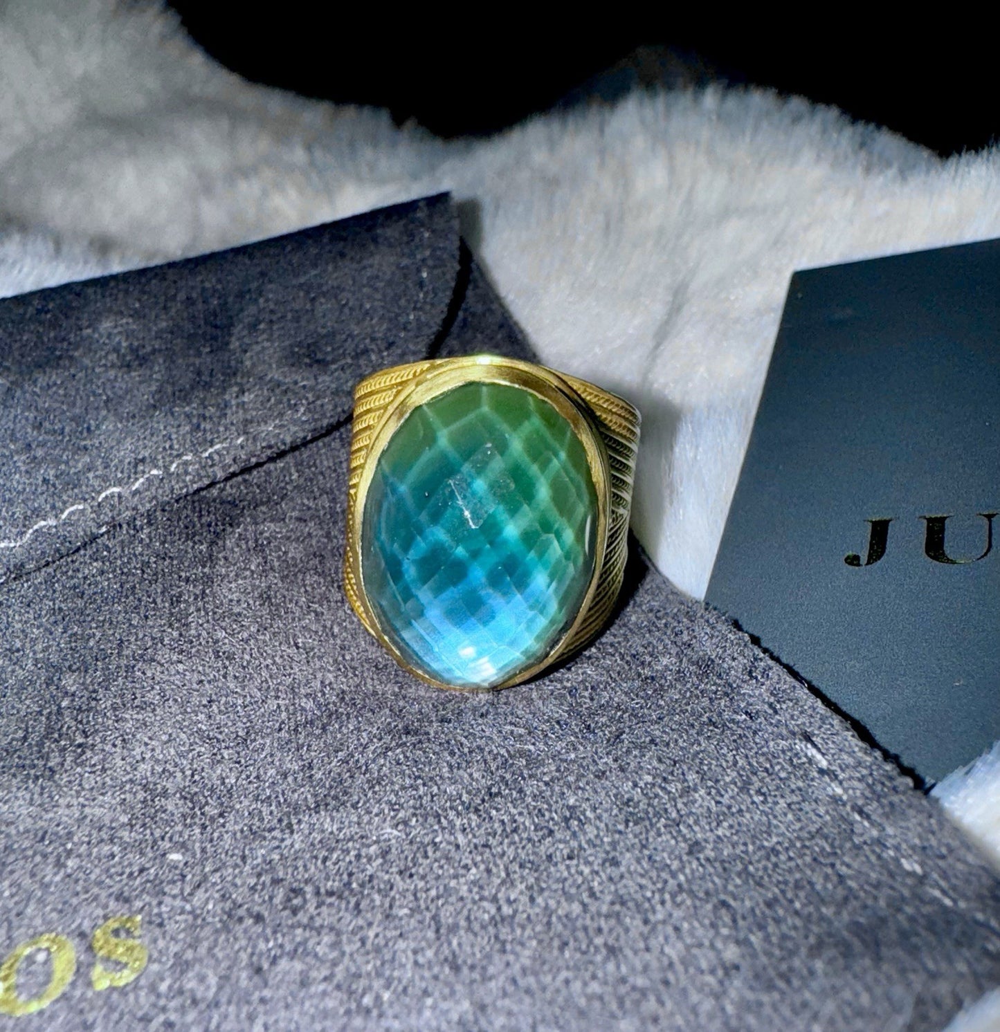 Julie Vos Iridescent Peacock Blue Statement Ring Sz 9 ADJUSTABLE 24k Gold Plate Julie Vos
