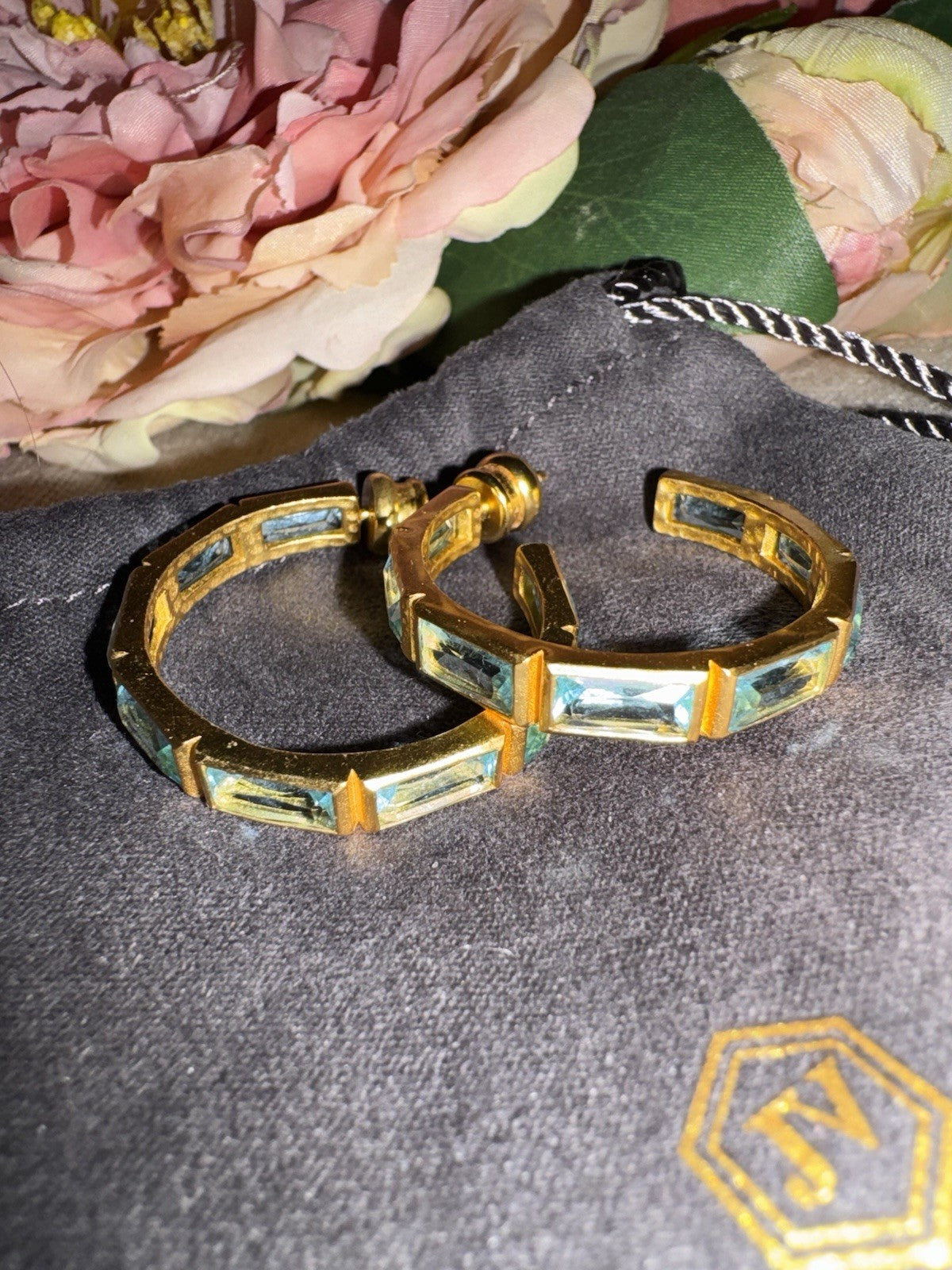 Julie Vos Baguette Clear Blue & 24k Gold Plated Hoop Earrings 1.25” Julie Vos