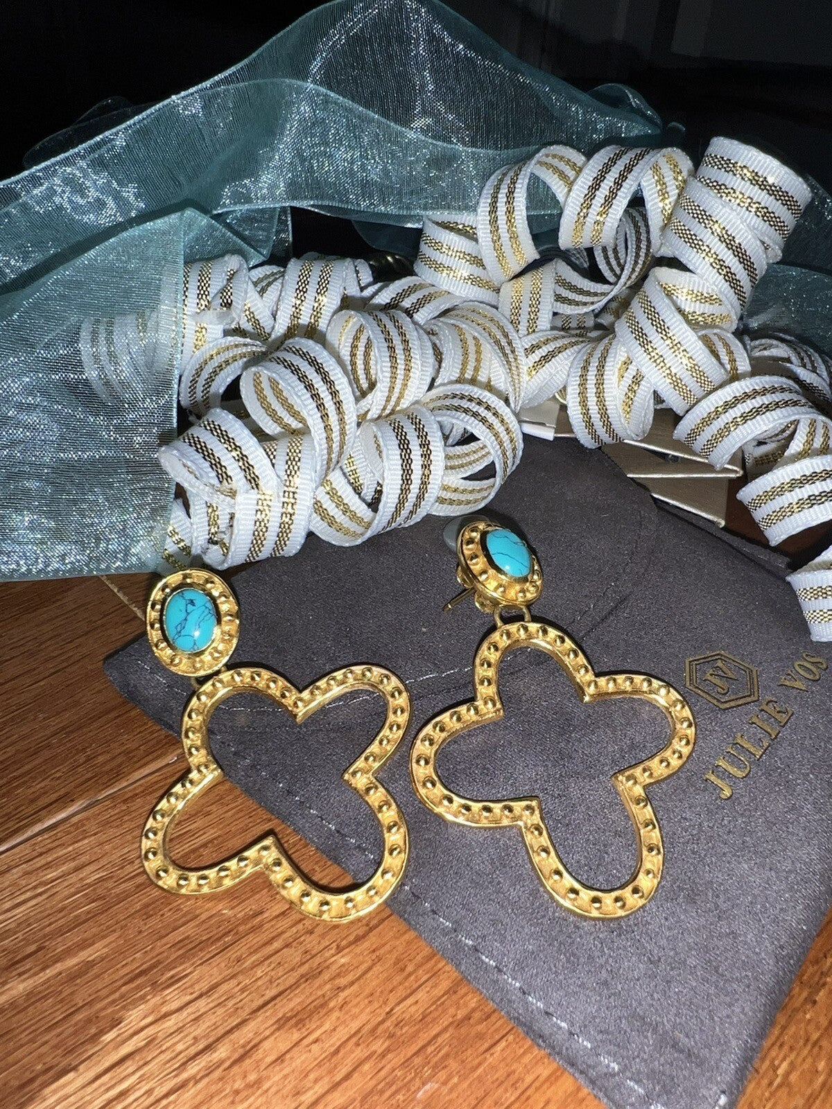 Julie Vos 24k Gold Plate & Turquoise Cross Statement Earrings WOW Julie Vos