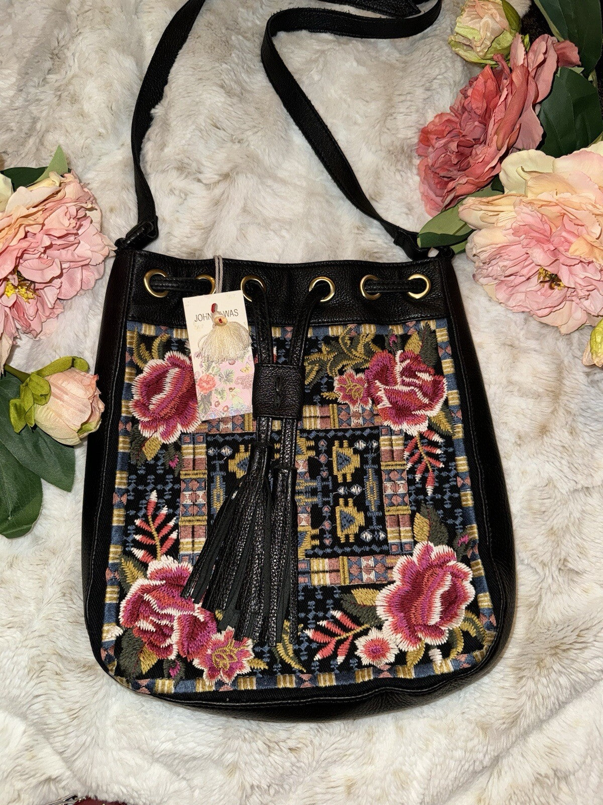 Johnny Was Black Leather Tote Bag Purse Crossbody Hobo Bucket Tassels Johnny Was