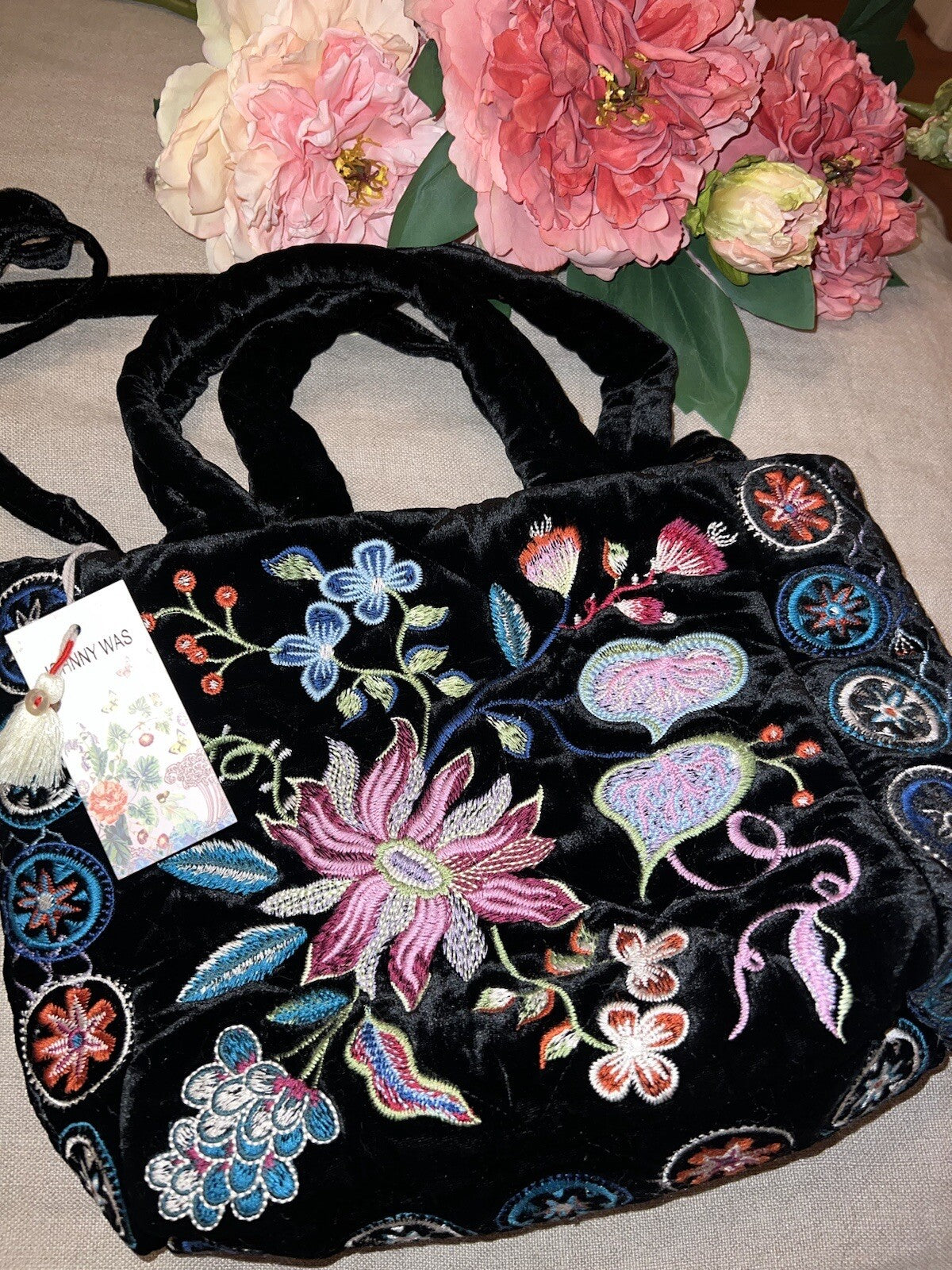 Johnny Was Black Velvet Embroidered Hobo Bag Tote Purse Crossbody Floral Johnny Was