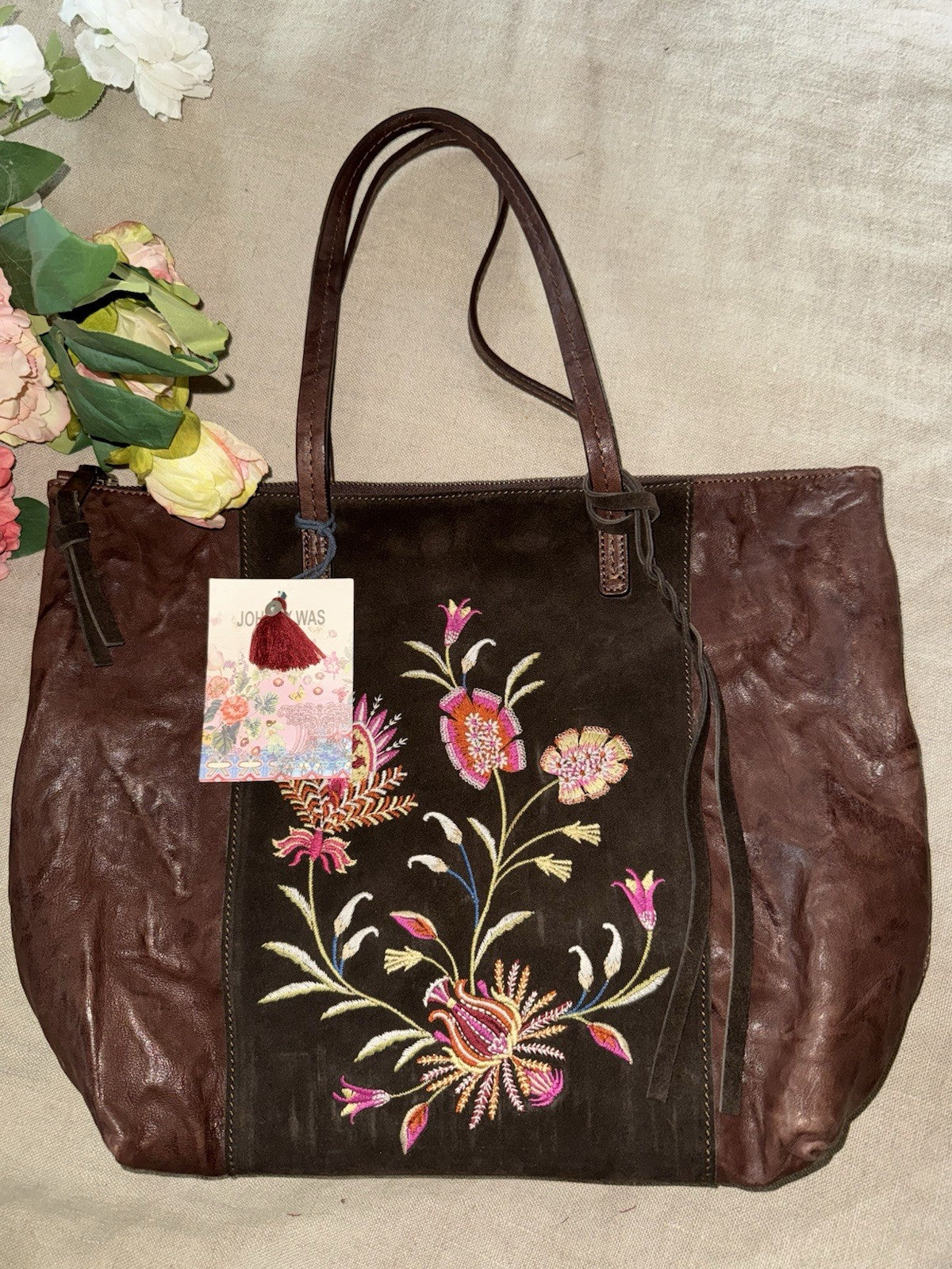 Johnny Was Dark Chocolate Brown Leather & Suede Bag Purse Tote Hobo Tassels Johnny Was