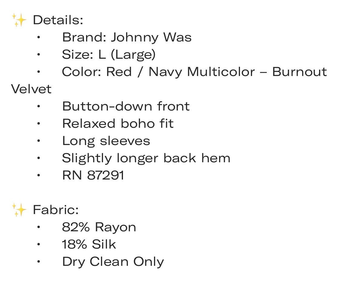 Johnny Was L Large Red & Black Velvet Button Up Shirt Blouse Top Long Sleeve Geo Johnny Was