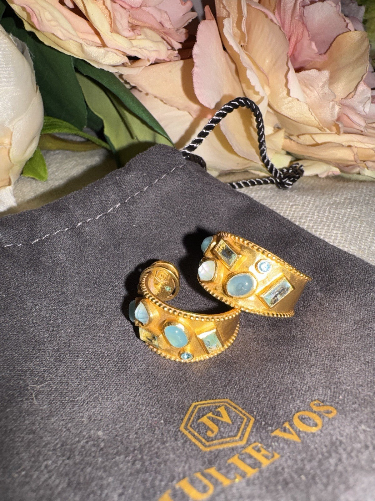 Julie Vos Hinged Bangle Bracelet Blue Iridescent Stones 24k Plated Julie Vos