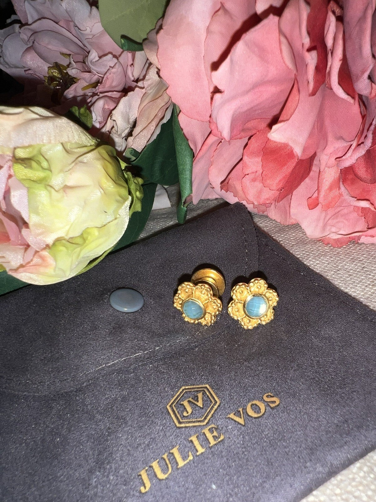 Julie Vos Iridescent Blue Stud Flower Earrings 24k Gold Plated CLASSIC Julie Vos