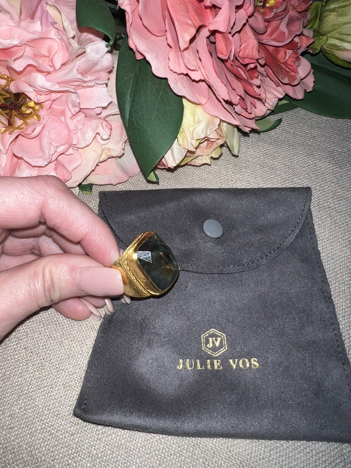 Julie Vos Sz 9 Cuff Ring ADJUSTABLE Real Labradorite & 24k Gold Plated Julie Vos
