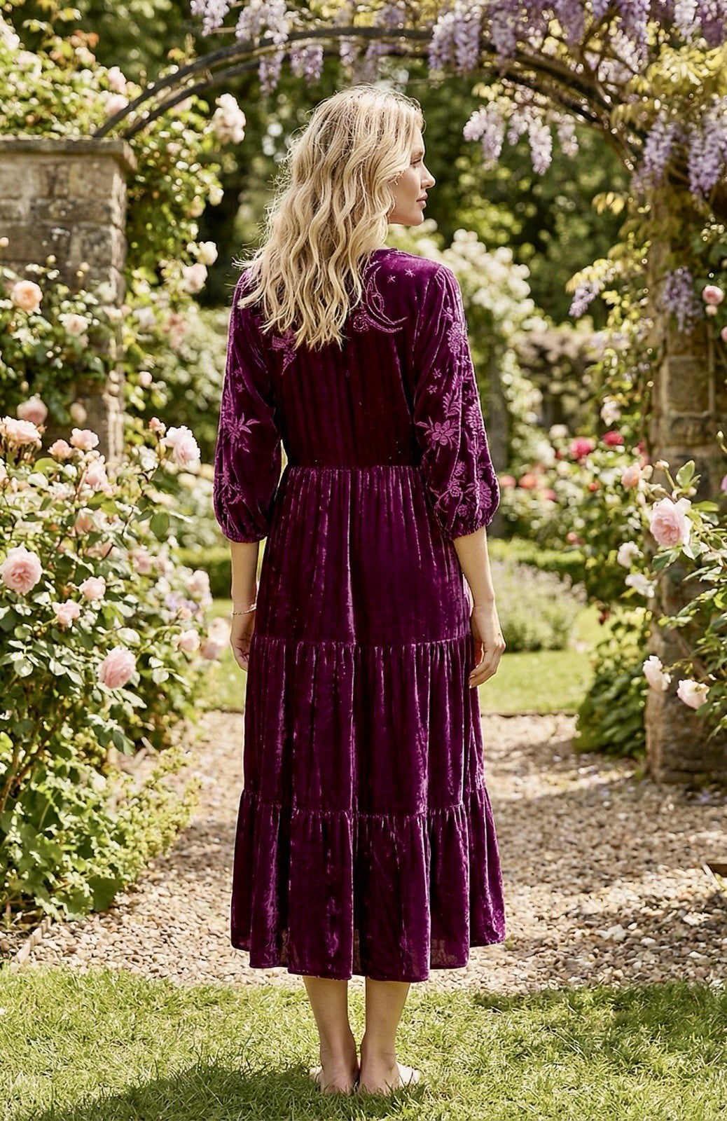 JOHNNY WAS XL Eggplant Velvet Midi Dress Tiered Embroidered Maxi $490 Retail Johnny Was