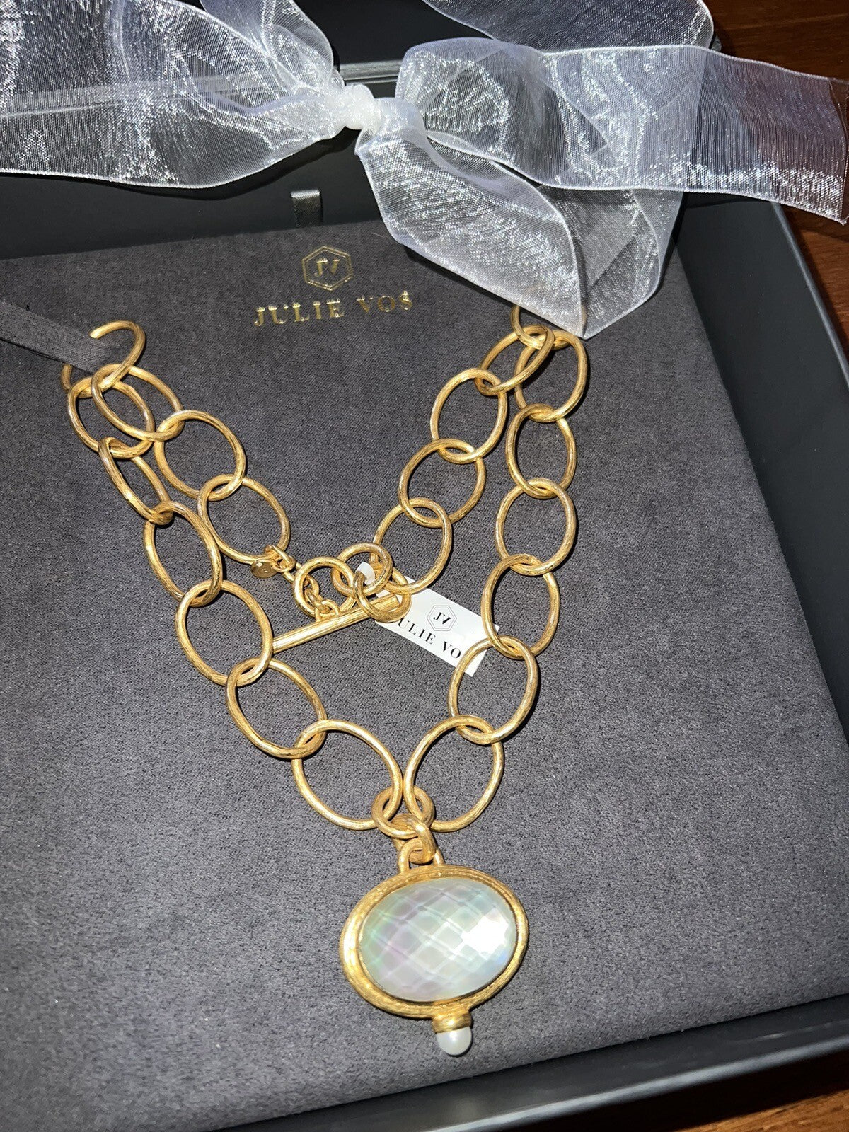 Julie Vos Statement Necklace Iridescent White Pendant 24k Plate Toggle Link Julie Vos