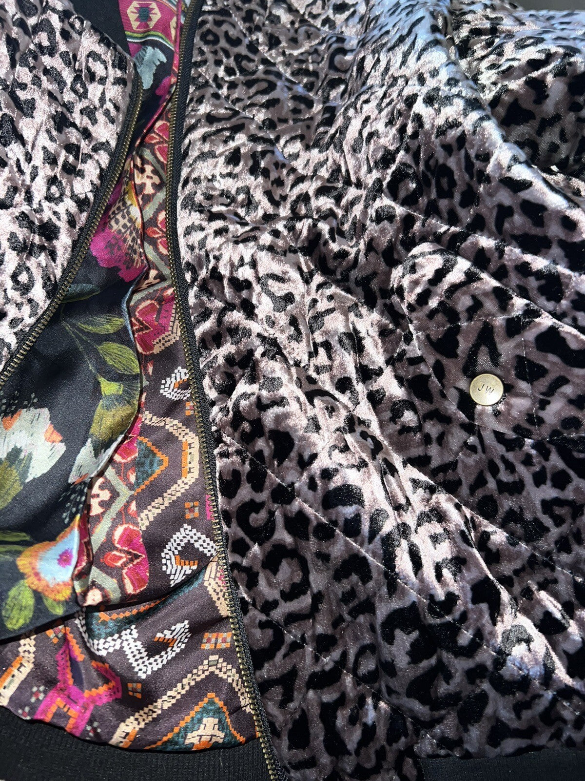 Johnny Was M Velvet Leopard Print Bomber Jacket Coat 100% Silk Lining Animal Johnny Was
