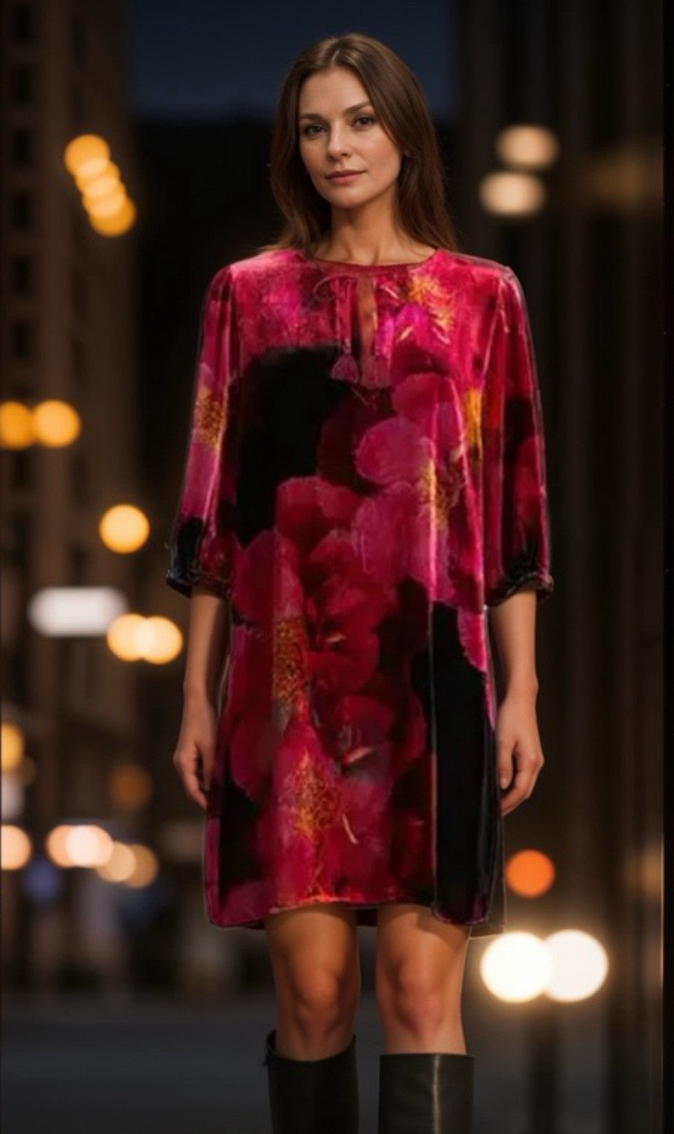 Johnny Was XXL Plus Velvet Shift Mini Dress Red Black & Pink BOHO Floral Johnny Was