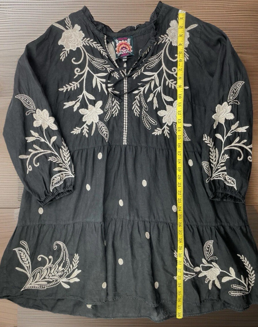 Johnny Was 1X Black Linen Tiered Field Dress Cream Embroidery Floral Babydoll Johnny Was