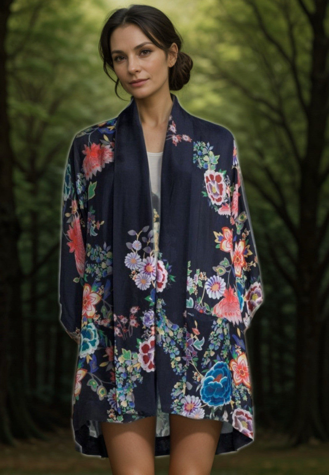 Johnny Was M Silky Kimono Top BOHO Lightweight Cool Florals Jacket Cardigan READ Johnny Was