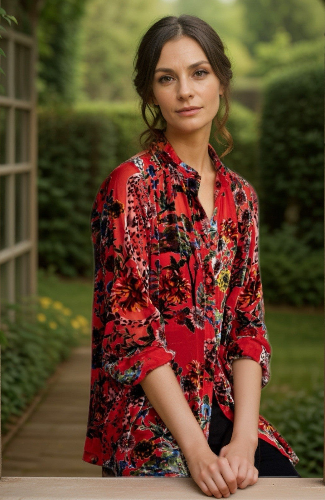 Johnny Was XL Red Burnout Velvet Button Up Blouse Tunic Top Shirt Floral Johnny Was