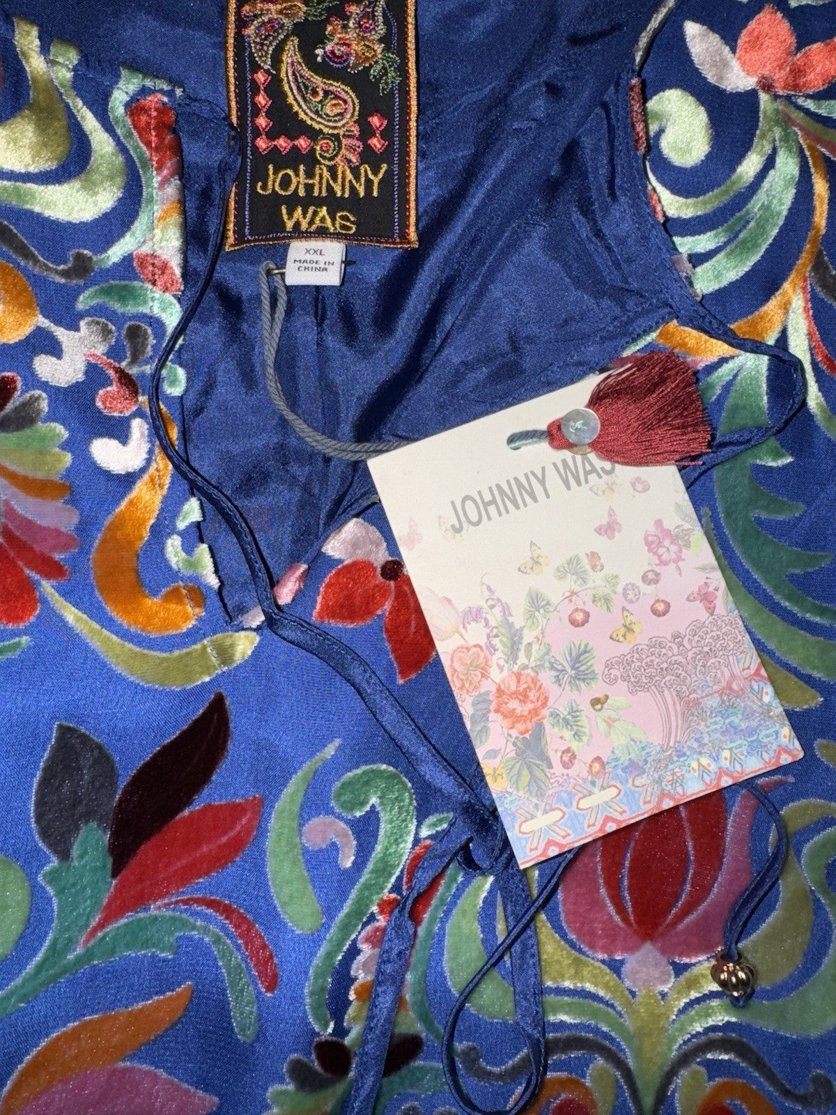 Johnny Was XXL Burnout Velvet Blue & Red Mini Shift Dress Silk Lining $388 Johnny Was