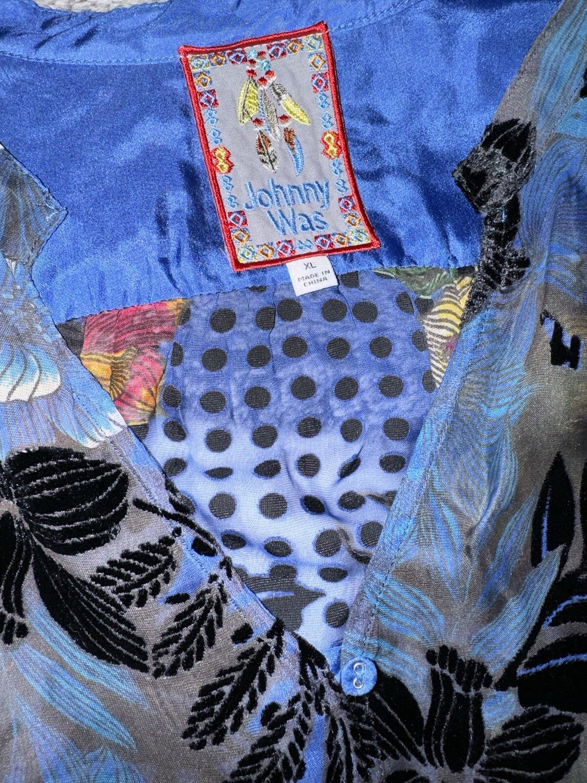 Johnny Was XL Blue Burnout Velvet Button Up Tunic Top Blouse Shirt *No Cami Johnny Was