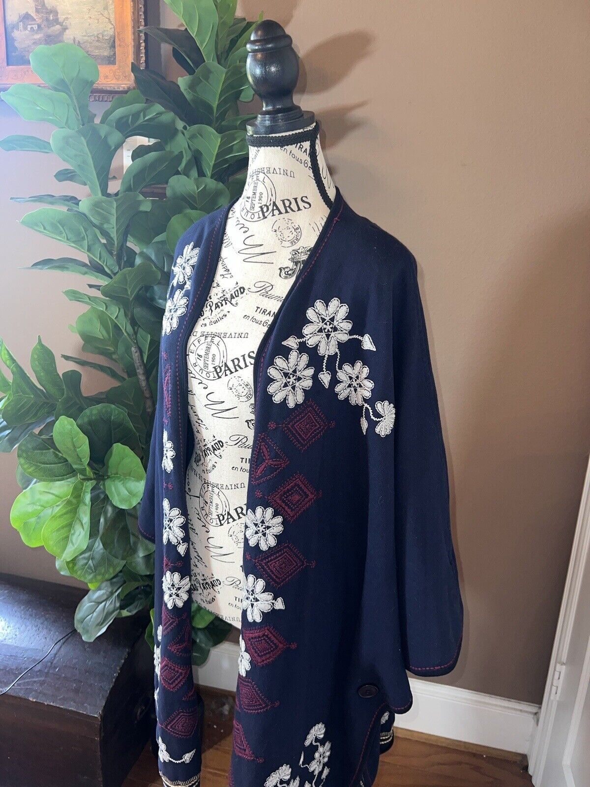 Johnny Was Navy Blue & Red French Terry Sz 3X 3XL Kimono Wrap Poncho