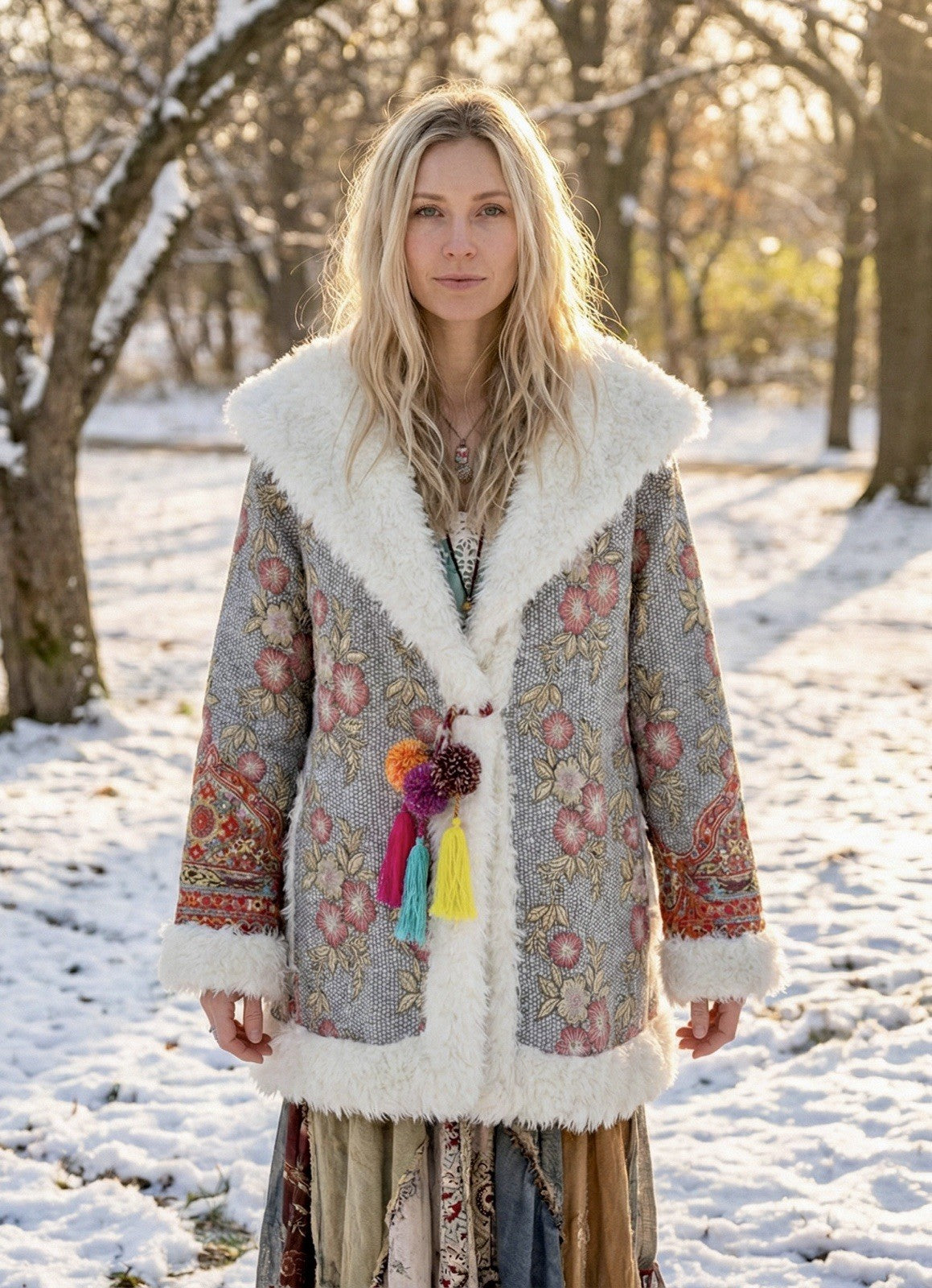 Johnny Was XXL Plus Faux Fur Sherpa Coat Jacket Silver & Pink Shearling Tassels Johnny Was