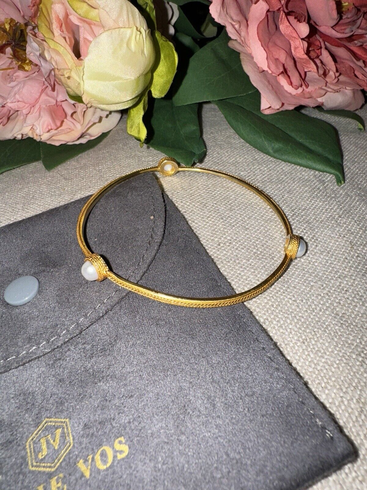 Julie Vos Sz Large Three Station Pearl Bangle Bracelet 24k Plated RETIRED