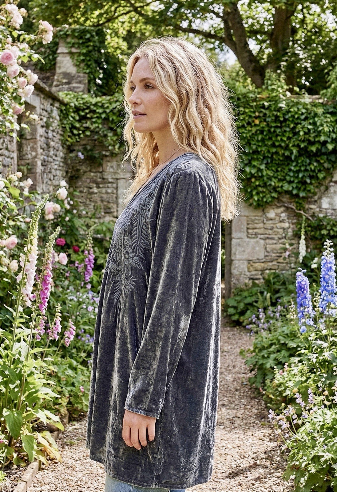 Johnny Was L Steel Grey Velvet Mini Dress Or Tunic Top BOHO Tonal Embroidery Johnny Was