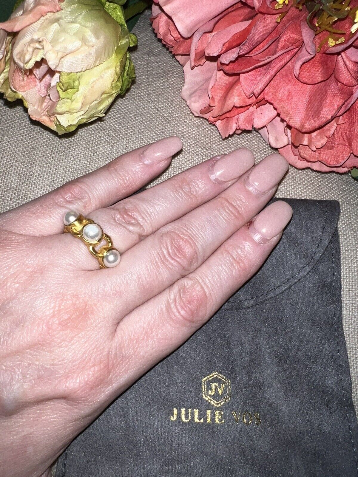 Julie Vos 3 Pearl Ring 24k Gold Plate Sz 7 Beautiful