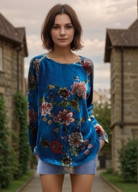 Johnny Was XL Blue Velvet Tunic Top Floral Long Sleeve Blouse Shirt Mini Dress