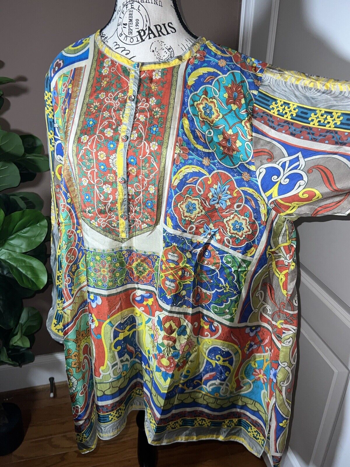 Johnny Was 100% Silk Long Sleeve Tunic Top Button Up Blouse Kimono Sz XL 1X 1XL