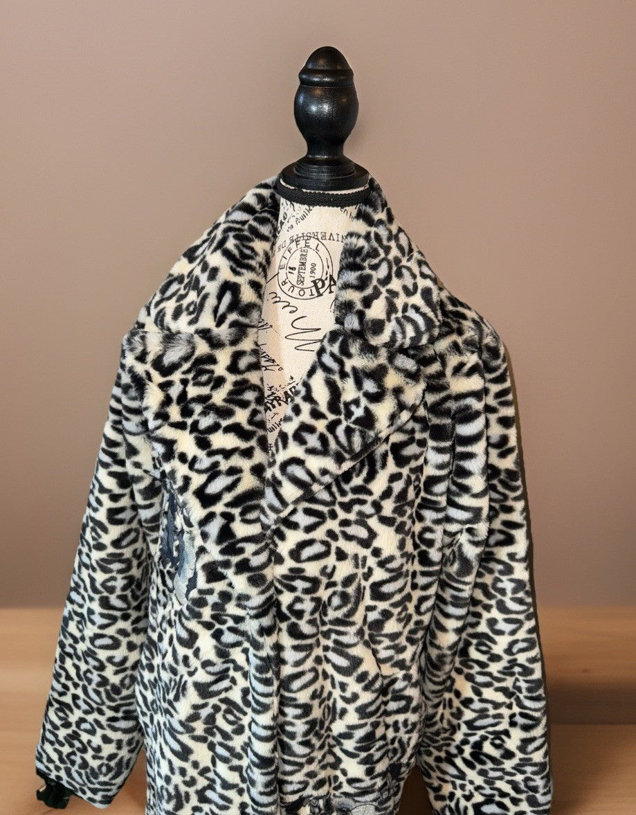 Johnny Was S Soft Blue & White Leopard Faux Fur Coat Jacket Wrap Silk Lining Johnny Was