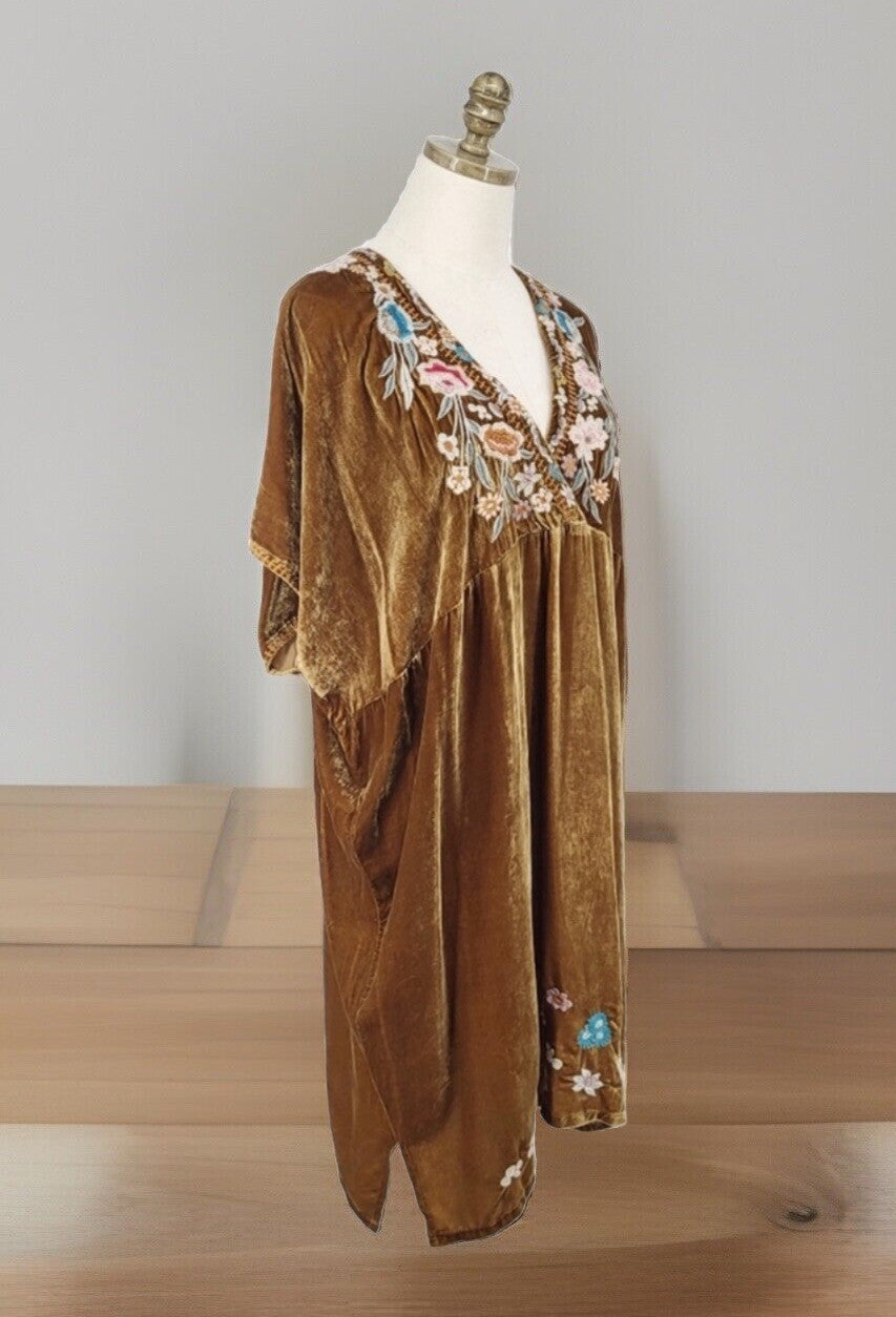 Johnny Was L Golden Velvet Embroidered Mini Dress Tunic Shift Top Babydoll LUXE Johnny Was