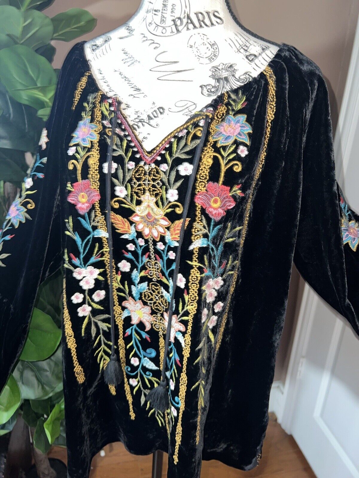 NEW Johnny Was Black Velvet Embroidered Peasant Tunic Top Kimono Sz XL 1X NWOT