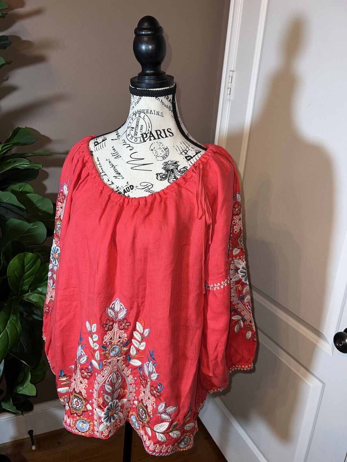 Johnny Was XL 1X 1XL Linen Kimono Sleeve Peasant Top Floral Embroidered