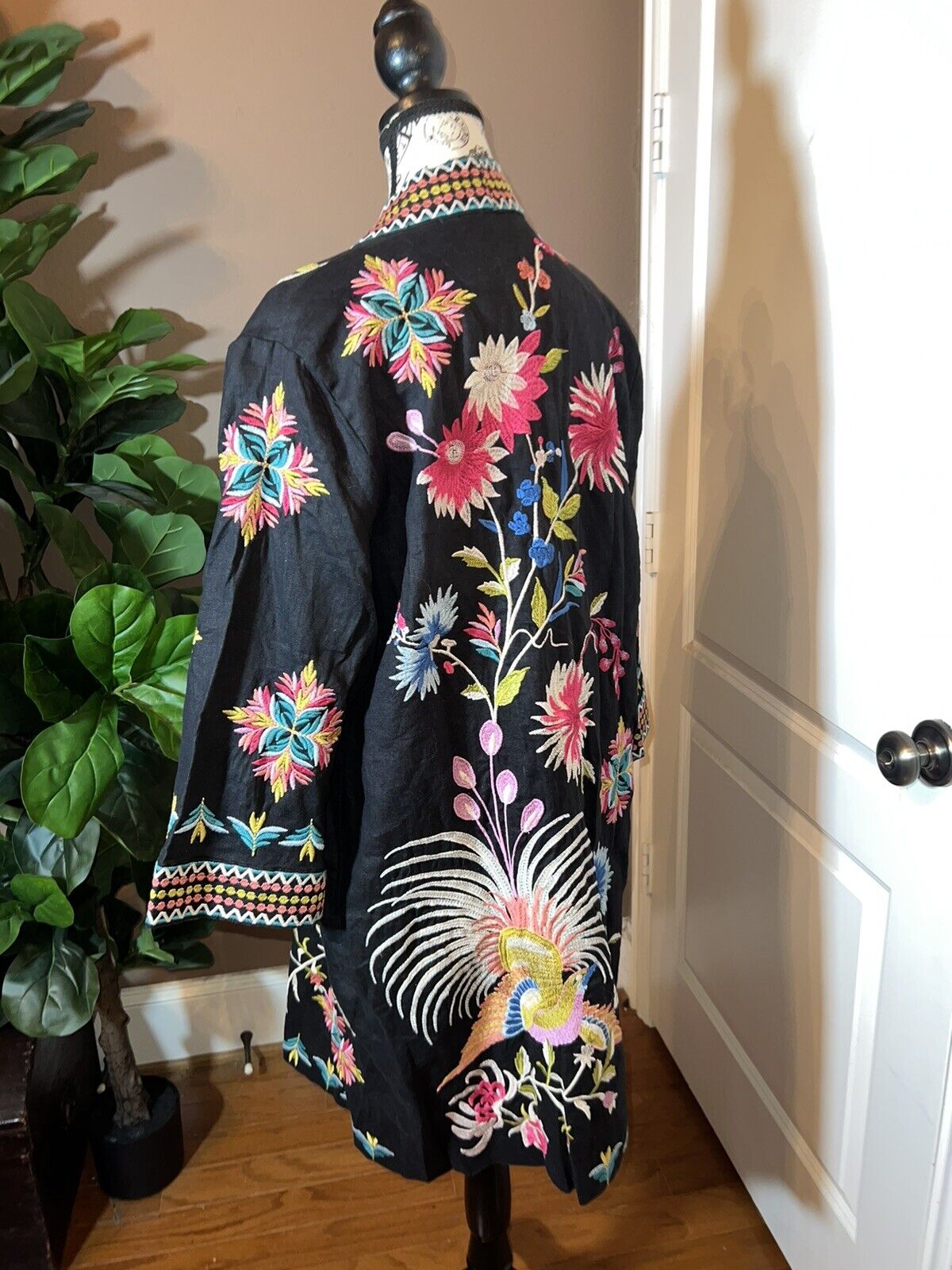 Johnny Was L Large Linen Long Kimono Duster Black Floral Embroidered