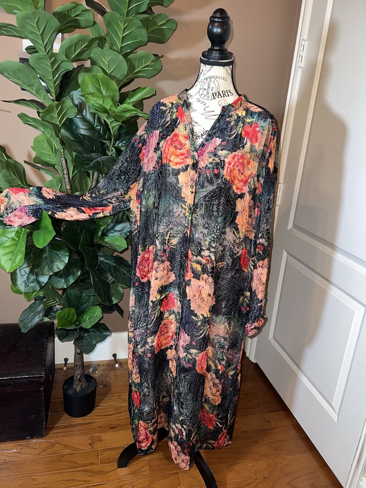 Johnny Was 1X XL Burnout Velvet Long Dress Kimono Duster Wrap Button Up