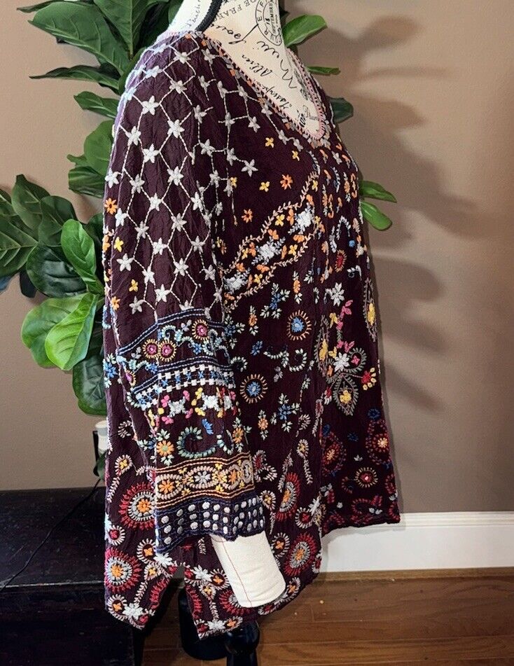 Johnny Was 3x 3XL Tunic Top Maroon Wine Silky Shirt Peasant Blouse Embroidered