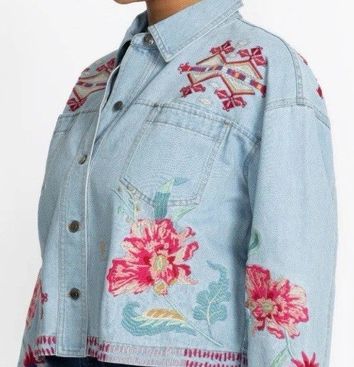 Johnny Was 3X Denim Worker Jacket Coat Lightwash Embroidered Roses Johnny Was