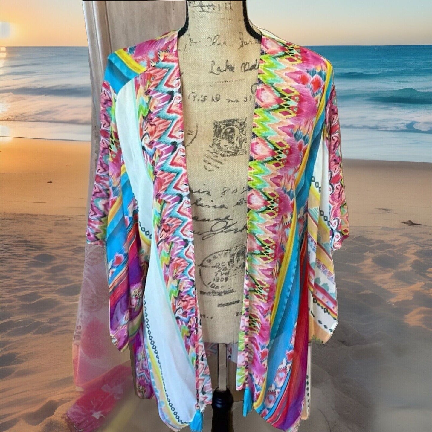 Johnny Was Silky Kimono Wrap Cardigan Sz L Large Pink White Blue