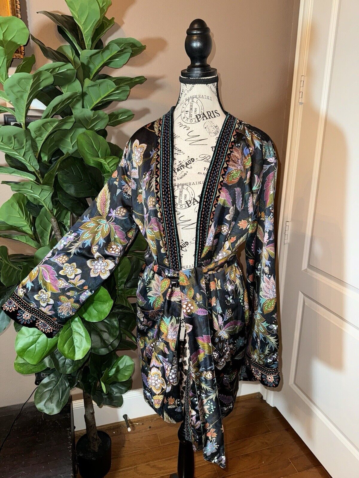 Johnny Was M Leopard Print Silk Lined Kimono Duster Wrap Velvet Trim Pockets