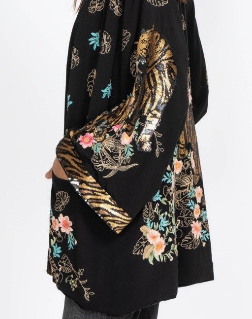Johnny Was $490 L Large Black & Gold Sequin Kimono Jacket Tiger Silk Lined Johnny Was