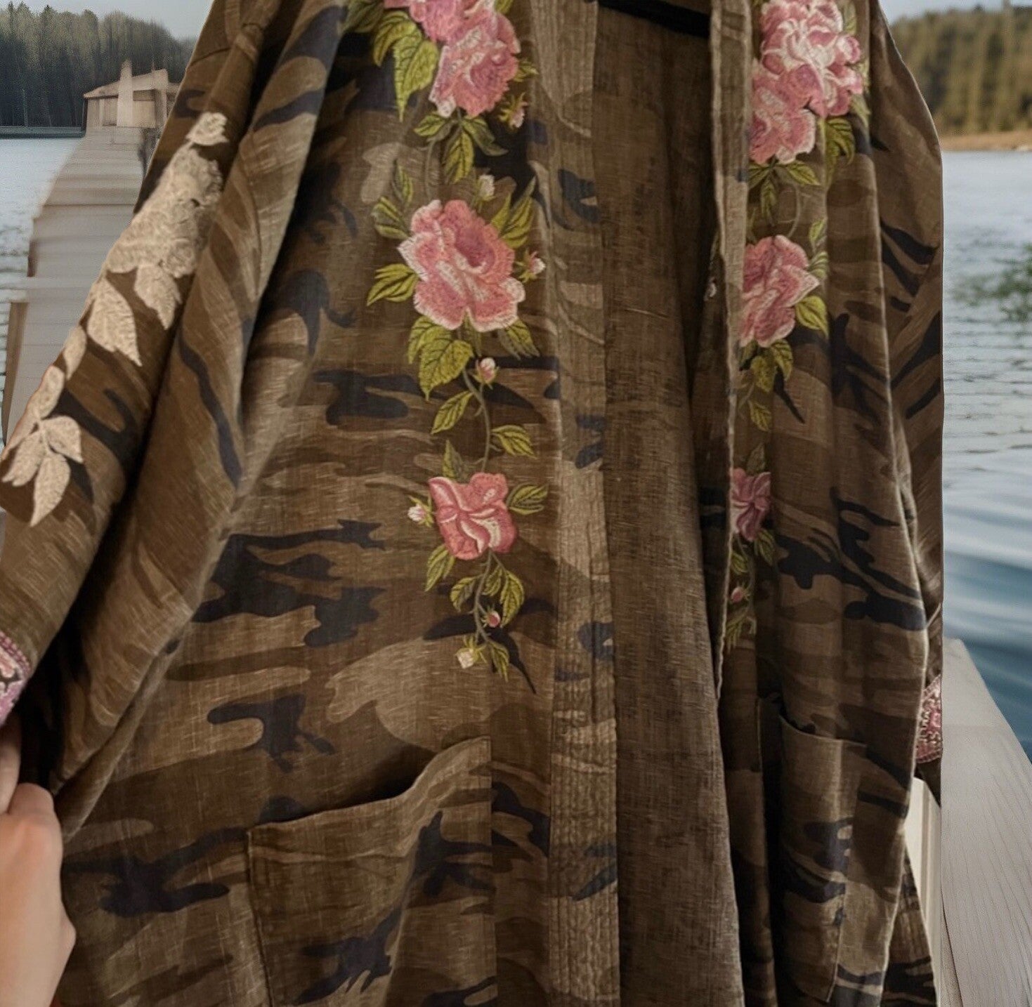 Johnny Was XL Linen Camo Embroidered Kimono Top Wrap Jacket Coat *NO BELT Johnny Was