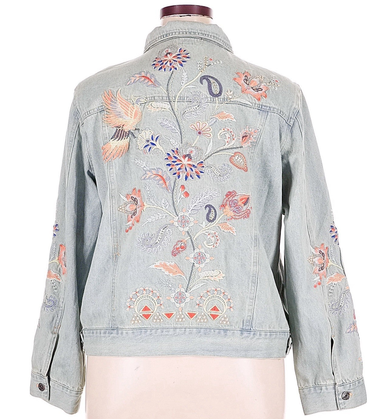 Johnny Was XL Denim Jacket Worker Coat Embroidered Phoenix Bird Light Wash Johnny Was