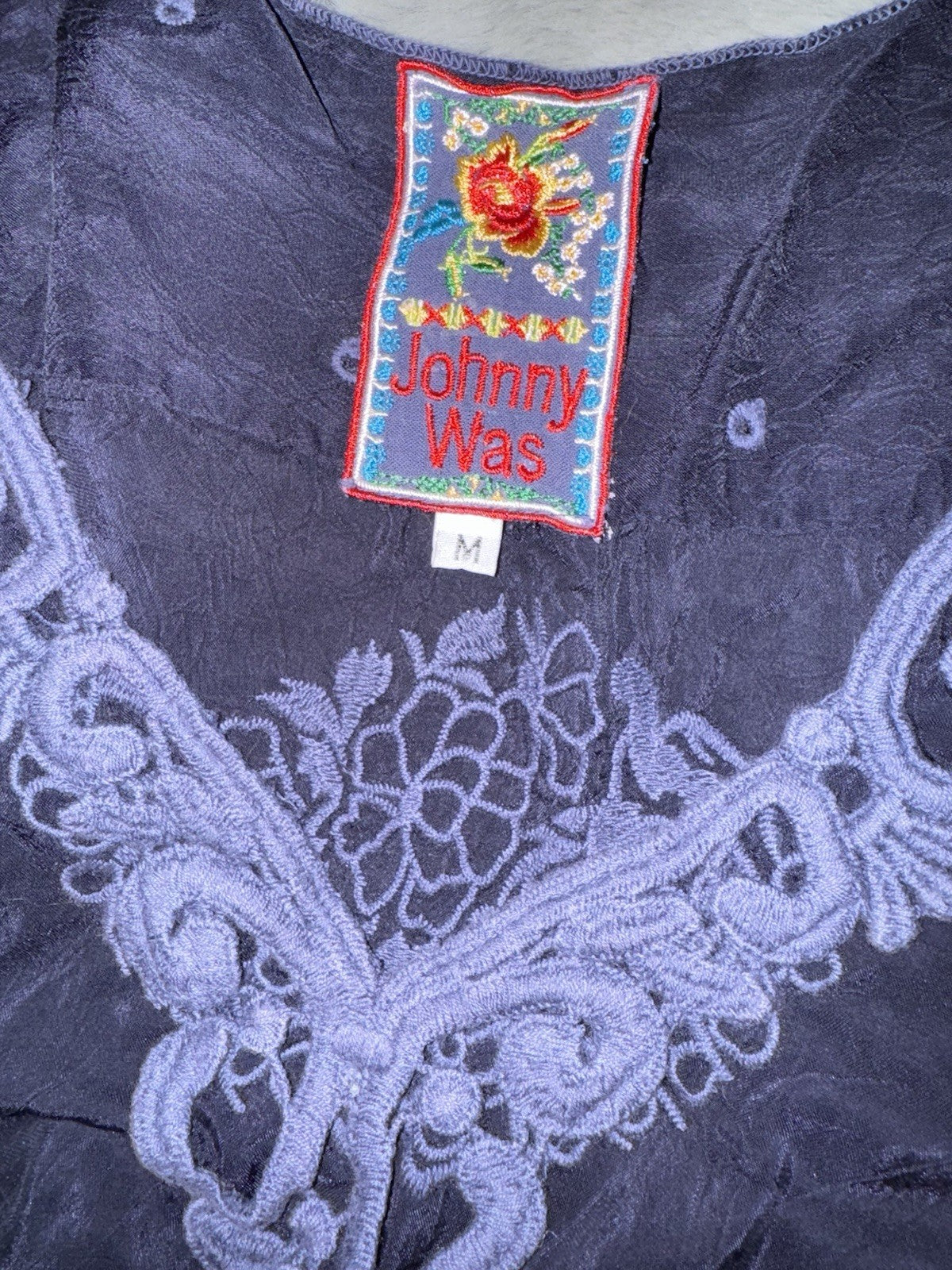 Johnny Was M Medium Navy Blue Shift Mini Dress Lace Embroidered Silky Tunic Top Johnny Was