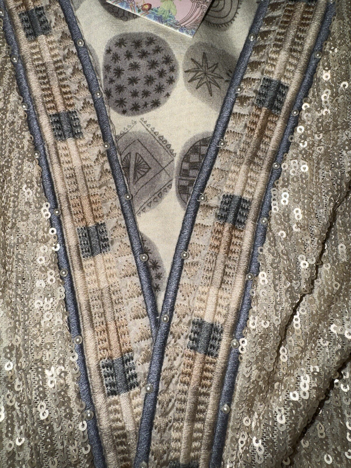 Johnny Was L Large Silk & Sequins Ivory KIMONO Jacket Wrap Pearl Accents Johnny Was